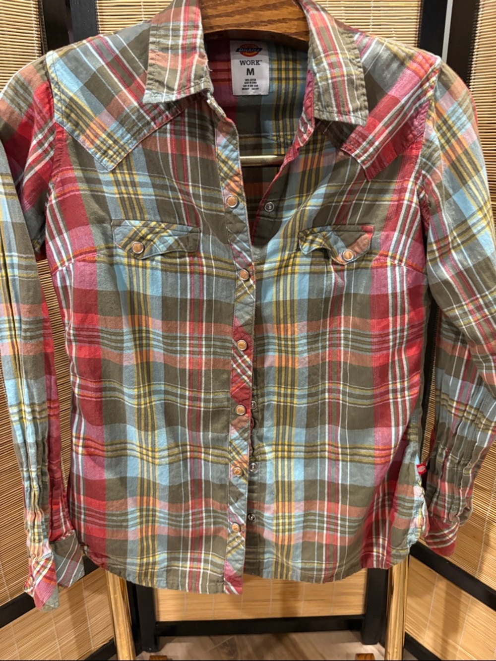 Dickies Olive, Red & Light Blue Plaid Western Snap Shirt